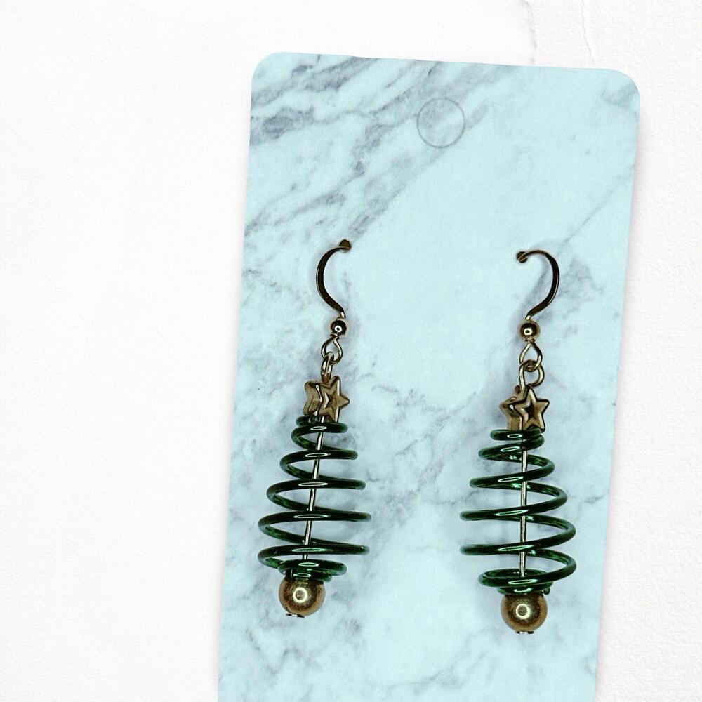 639. Green Wire Christmas Tree Earrings